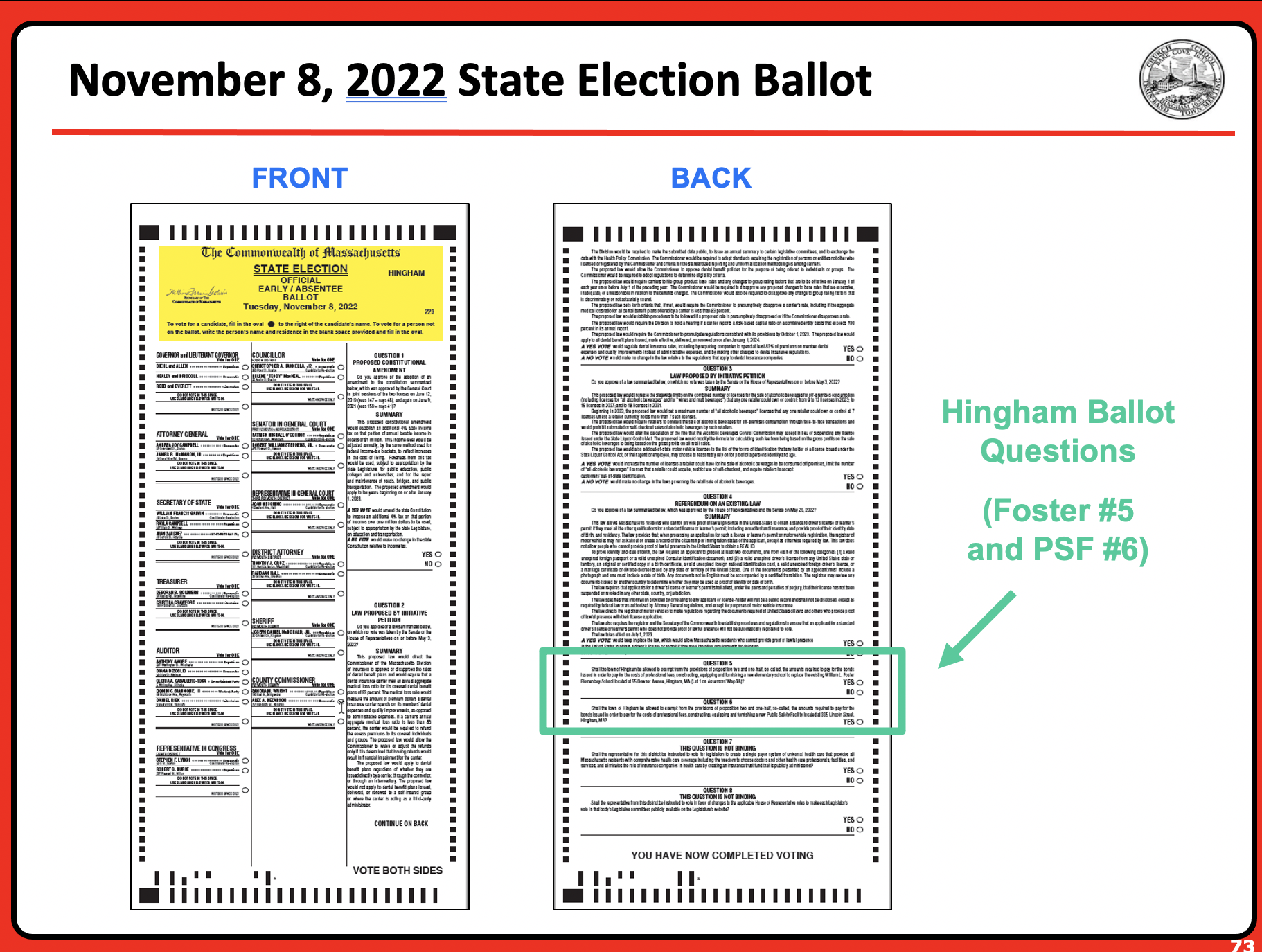 2022 State Election Ballot showing questions 5 and 6 on back